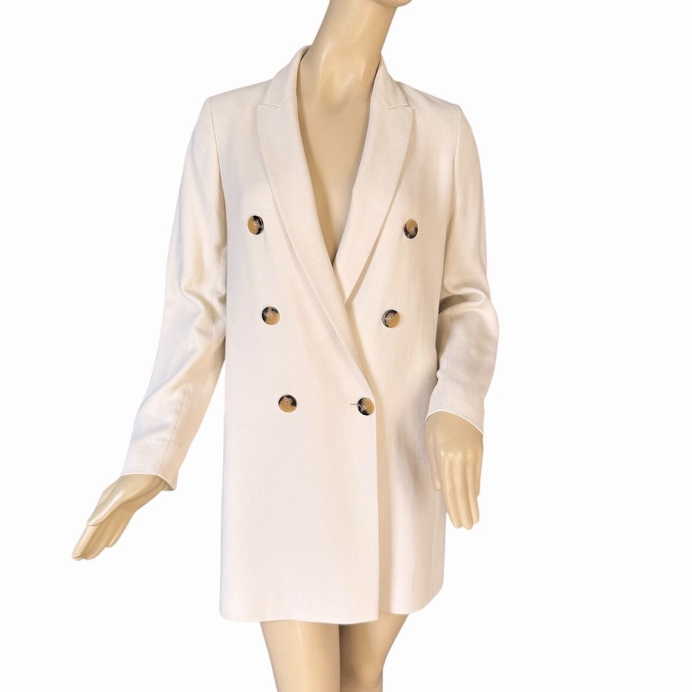 Massimo Dutti Double Breasted Blazer Size 4 Ivory Wool‎ Blend Pockets Minimalist
